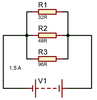 Sebuah rangkaian paralel dengan tiga buah resistor bernilai 32Ω, 48Ω, dan 96Ω