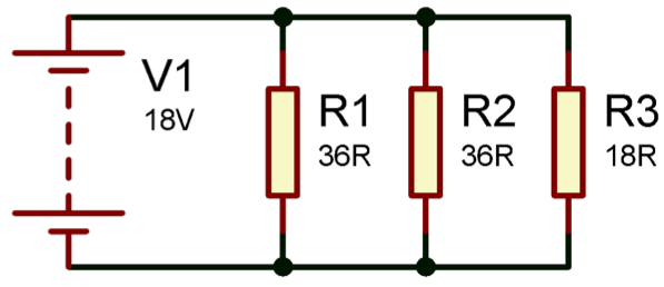 rangkaian paralel tersusun oleh tiga buah resistor dengan nilai 36 Ω, 36 Ω, dan 18 Ω